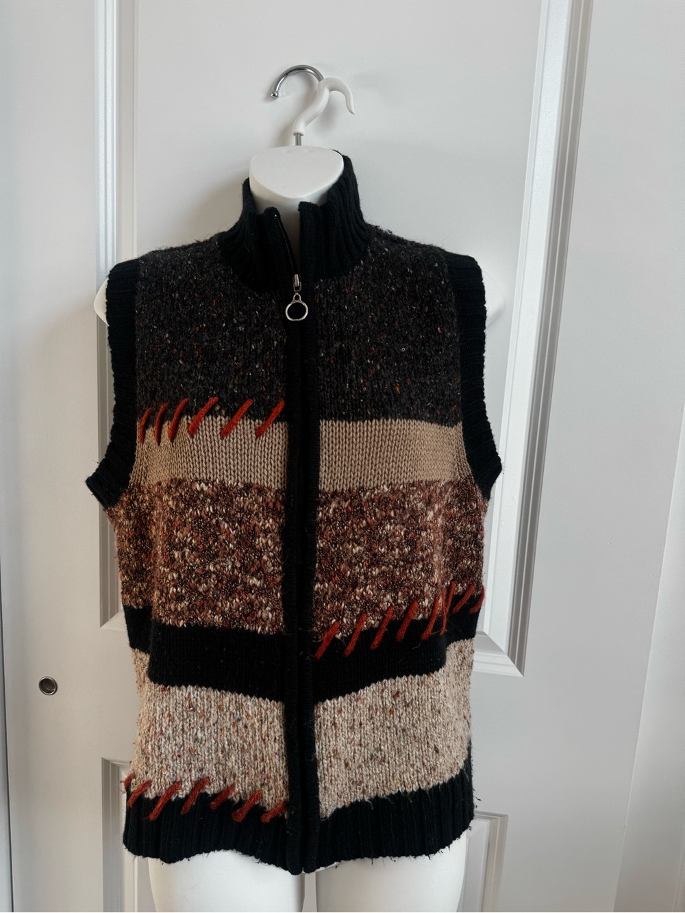 Christopher & Banks Black, Brown & Tan Striped Zip Front Knit Vest